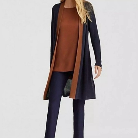 Eileen Fisher Long Open Front Sweater Cardigan in Navy and Brown Size Medium - Picture 1 of 8
